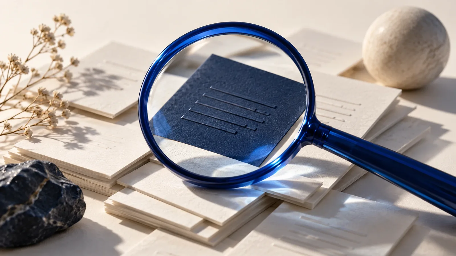 Lupe über einer Karte mit Textzeilen – Symbol für SEO-Analyse und Audit